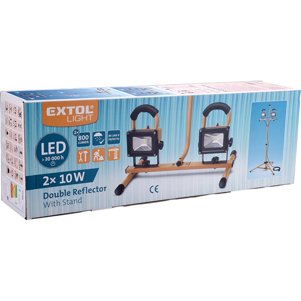 hordozható LED lámpa, 2×10 W, reflektor; 2×800 Lm, IP65, teleszkópos állvánnyal, 230V/50Hz, 2,9 m kábel