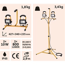 hordozható LED lámpa, 2×10 W, reflektor; 2×800 Lm, IP65, teleszkópos állvánnyal, 230V/50Hz, 2,9 m kábel