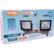 hordozható LED lámpa, 2×30 W, reflektor; 2×2400 Lm, IP65, teleszkópos állvánnyal, 230V/50Hz, 2,9 m kábel