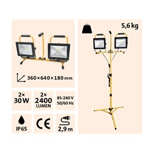 hordozható LED lámpa, 2×30 W, reflektor; 2×2400 Lm, IP65, teleszkópos állvánnyal, 230V/50Hz, 2,9 m kábel