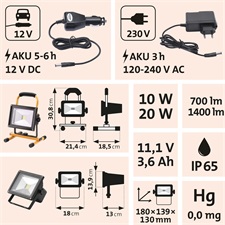 hordozható LED lámpa (reflektor), 10/20W; 1400 Lm, IP65, Li-ion akkus, 4400 mAh, tölthető: 230V és 12V is, 1,5kg
