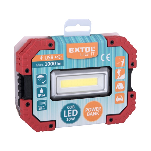 hordozható LED lámpa (reflektor), 10W; 1000 Lm, IP54, Li-ion akkus, 4400 mAh, USB tölthető, Power Bank funkcióva 0,36 kg