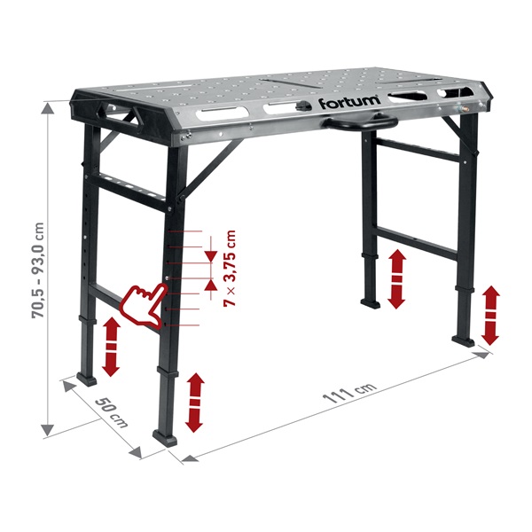 hordozható hegesztő pad, állítható, összecsukható; magasság: 705 - 930 mm