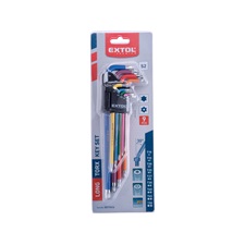 torx kulcs klt., 9db, több színű, extra hosszú, T10-T50, hosszú szár: tömör/gömbfej, rövid szár: lyukas, S2, krómozott