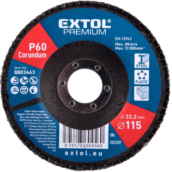 lamellás csiszoló acél, Alu, műa. és fa munkadarabok csiszolására, 115×22mm; P60, kúpos, max.:13.200 ford./perc, EN13743