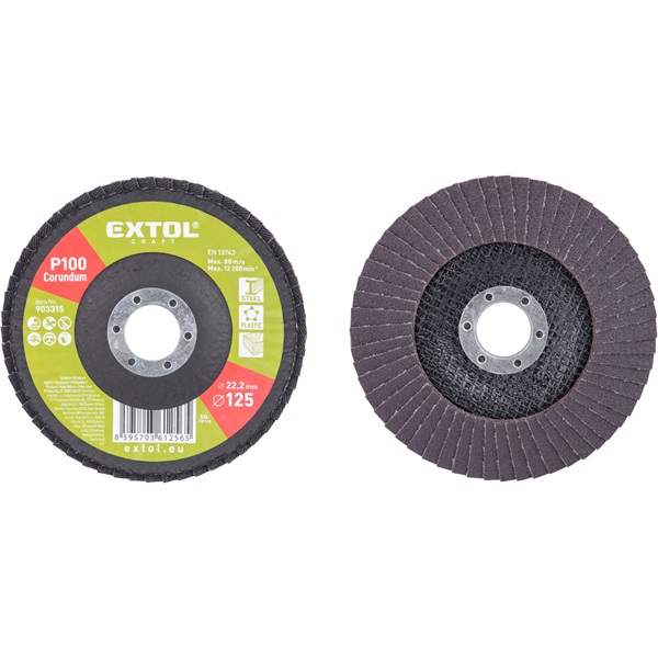 lamellás csiszoló acél, Alu, műa. és fa munkadarabok csiszolására, 125×22mm; P100, kúpos, max.:12.200 ford./perc,EN13743