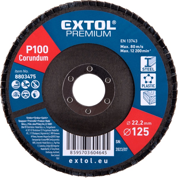 lamellás csiszoló acél, Alu, műa. és fa munkadarabok csiszolására, 125×22mm; P100, kúpos,max.:12.300 ford./perc, EN13743