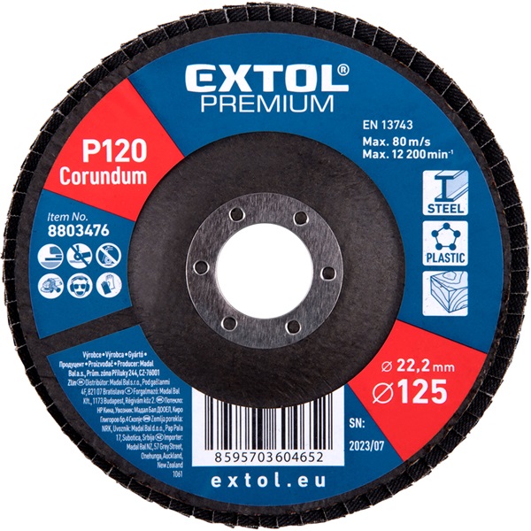 lamellás csiszoló acél, Alu, műa. és fa munkadarabok csiszolására, 125×22mm; P120, kúpos,max.:12.300 ford./perc, EN13743