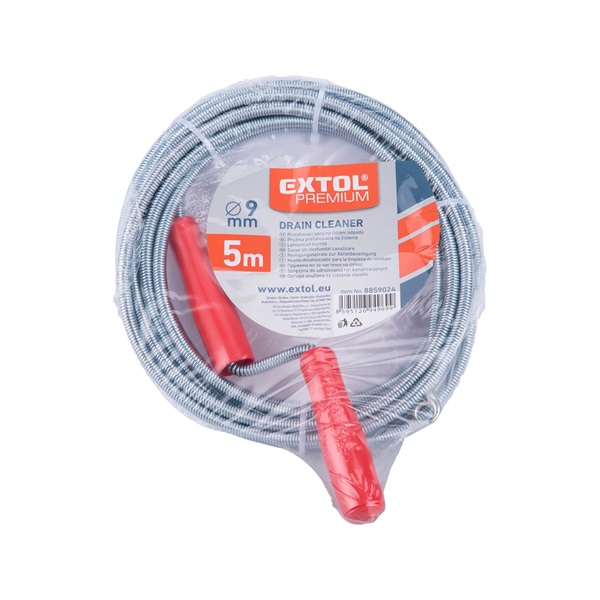 lefolyócső tisztító, 5m, 9mm átmérő, kézi tekerővel, tisztító körömmel,  (1,9mm drótból sodorva)