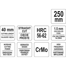 lemezvágó olló, egyenes vágáshoz, 250mm, CrMo, áttételes, kétszínű, múanyag nyél