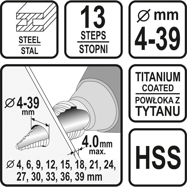 lépcsős fémfúró, 13 lépcsős; (4-39mm, 3mm lépcsők), HSS, max. 4mm vastag anyagokhoz, TiN bevonat, bliszterben