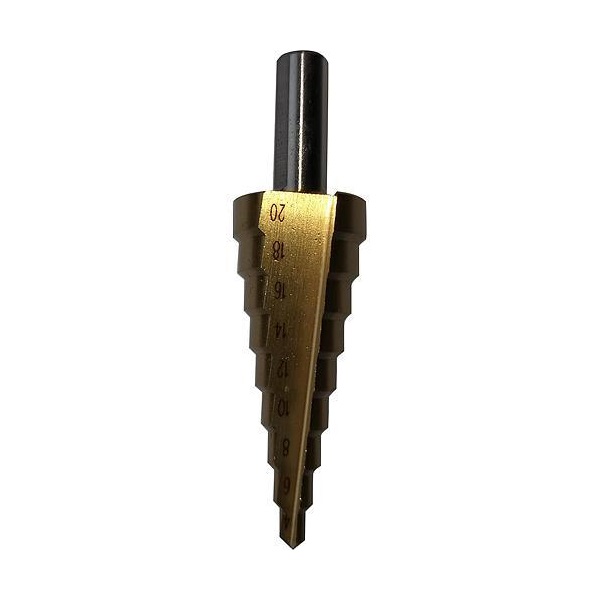 lépcsős fémfúró, 9 lépcsős; (4-20mm, 2mm lépcsők), HSS, max. 4mm vastag anyagokhoz, TiN bevonat