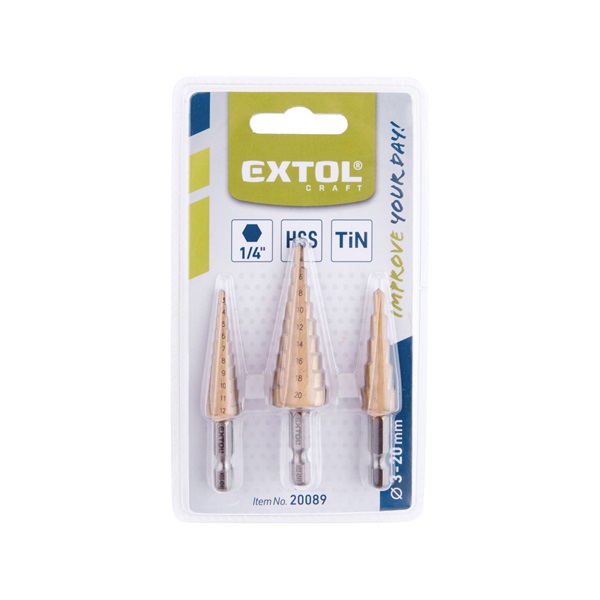 lépcsős fémfúró klt. 3db; (3-12mm/1mm lépcsők,4-12mm/2mm,4-20mm/2mm) befogás:1/4", max.4mm vastag lemez,TiN bevonat