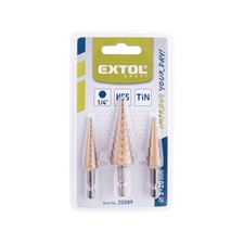 lépcsős fémfúró klt. 3db; (3-12mm/1mm lépcsők,4-12mm/2mm,4-20mm/2mm) befogás:1/4", max.4mm vastag lemez,TiN bevonat