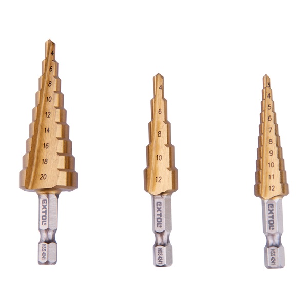 lépcsős fémfúró klt. 3db; (3-12mm/1mm lépcsők,4-12mm/2mm,4-20mm/2mm) befogás:1/4", max.4mm vastag lemez,TiN bevonat