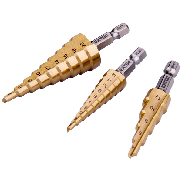 lépcsős fémfúró klt. 3db; (3-12mm/1mm lépcsők,4-12mm/2mm,4-20mm/2mm) befogás:1/4", max.4mm vastag lemez,TiN bevonat