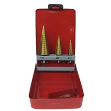 lépcsős fémfúró klt. 3db; (4-12mm/2mm lépcsők,4-20mm/2mm,4-32mm/2mm), HSS, max.4mm vastag anyagokhoz,TiN bevonat