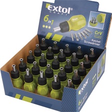 marokcsavarhúzó, racsnis klt.,1/4", mágneses, 6db BIT (lapos: 4 és 6mm , PH1 és 2, PZ1 és 2; az üreges markolatban),  CV