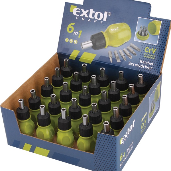 marokcsavarhúzó, racsnis klt.,1/4", mágneses, 6db BIT (lapos: 4 és 6mm , PH1 és 2, PZ1 és 2; az üreges markolatban),  CV