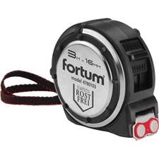 mérőszalag, 1 stoppos, ütésálló, rozsdamentes acél ház, gumírozott; 3m×16mm nylon bevonatú szalag, mágneses vég FORTUM