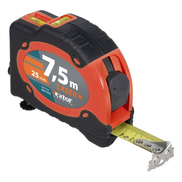 mérőszalag lézerrel 7,5m, 25mm széles nylon borítású fém szalag, 360° függőleges irányú lézer, 2 libella, mágneses