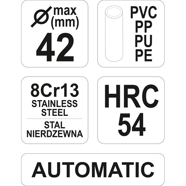 műanyagcső vágóolló, max.: 42mm, (PVC, PP, PE, PU csövekhez), háromszög penge