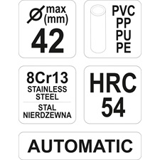 műanyagcső vágóolló, max.: 42mm, (PVC, PP, PE, PU csövekhez), háromszög penge