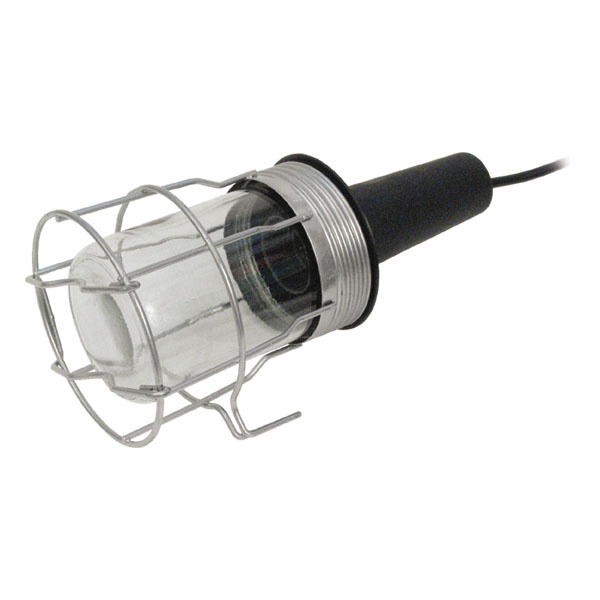 munkalámpa, 60W, izzó nélkül, üveg búra, fém védőrács, 5m kábel (2×0,75mm2), 0,7kg