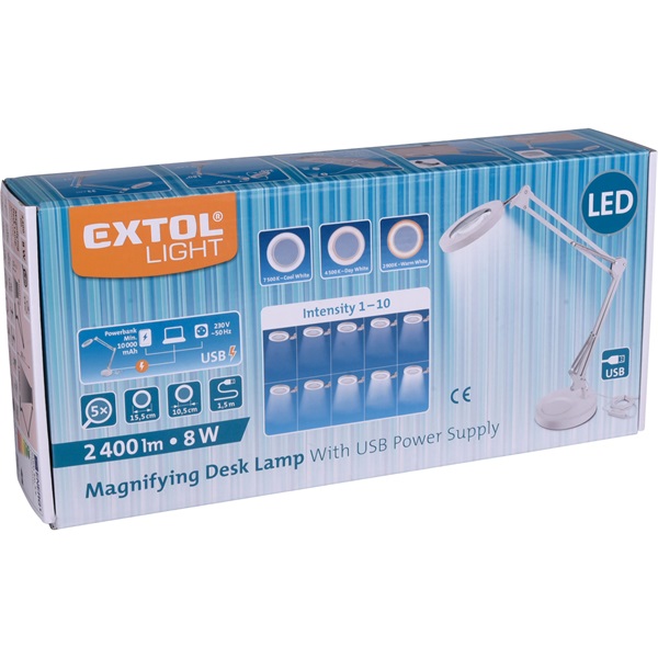 nagyító LED lámpa, asztali, Fehér, 7 W COB, 2400 Lm, 5× nagyítás; mechanikusan állítható rögzítés, USB töltőkábel