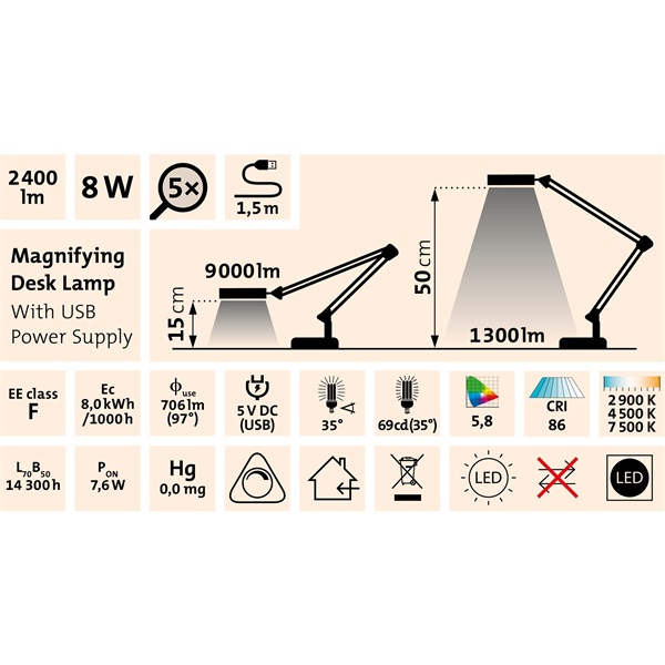 nagyító LED lámpa, asztali, Fehér, 7 W COB, 2400 Lm, 5× nagyítás; mechanikusan állítható rögzítés, USB töltőkábel