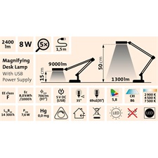 nagyító LED lámpa, asztali, Fehér, 7 W COB, 2400 Lm, 5× nagyítás; mechanikusan állítható rögzítés, USB töltőkábel