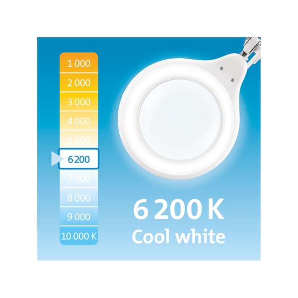 nagyító LED lámpa, asztali, Fehér, 10 W, 81 LED, 1000 Lm, 5× nagyítás; mechanikusan állítható rögzítés