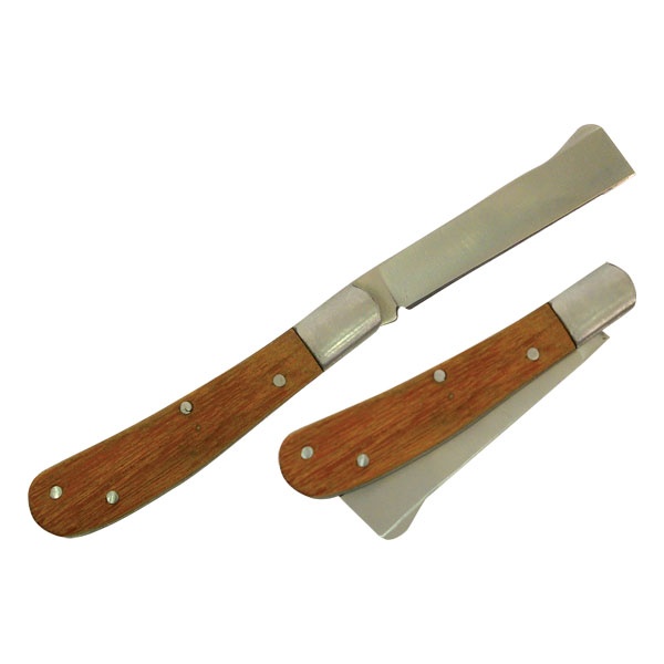 oltó bicska (szemző kés), rozsdamentes acél penge, fa nyél, teljes/összecsukott hossz.:175/100 mm