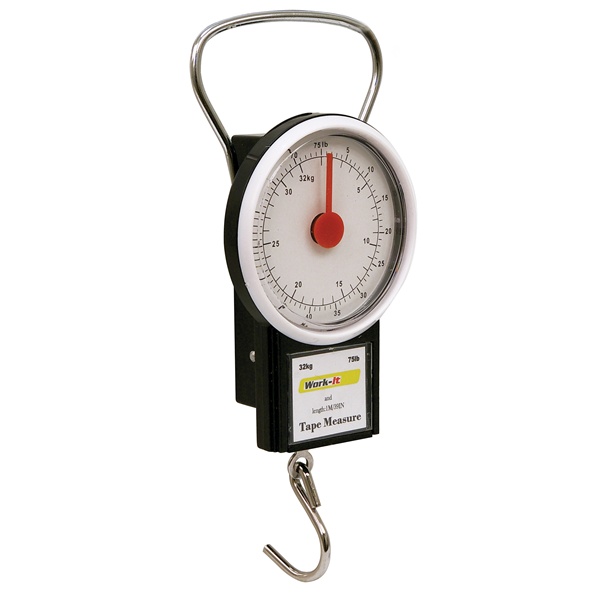 poggyász mérleg (körszámlapos, kampós, max 32 kg) és 1m-es mérőszalag (mm- és coll beosztás)