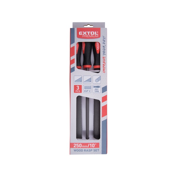 ráspoly klt. 3 db (lapos, félkerek, kerek) 250mm,C45 acél, vágat 2, finom, TPR gumis műanyag nyél