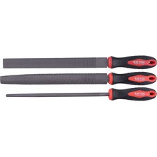 ráspoly klt. 3 db (lapos, félkerek, kerek) 250mm,C45 acél, vágat 2, finom, TPR gumis műanyag nyél