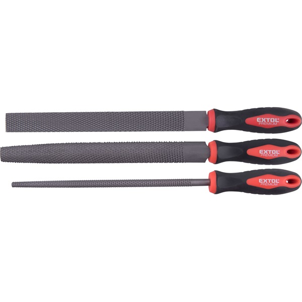 ráspoly klt. 3 db (lapos, félkerek, kerek) 250mm,C45 acél, vágat 2, finom, TPR gumis műanyag nyél