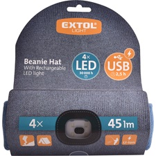 sapka, kék, kötött, kivehető LED homloklámpával, 4×45 Lumen; USB tölthető Li-ion akku, 3 funkció (100%-75%-50% fényerő)