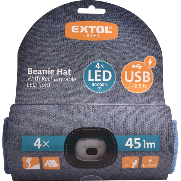 sapka, kék, kötött, kivehető LED homloklámpával, 4×45 Lumen; USB tölthető Li-ion akku, 3 funkció (100%-75%-50% fényerő)