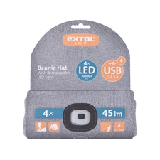 sapka, szürke, kötött, kivehető LED homloklámpával, 4×45 Lumen; USB tölthető Li-ion akku, 3funkció (100%-75%-50% fénye.)