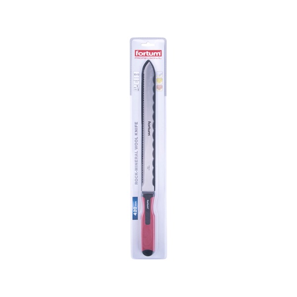szigetelőanyag (kőzetgyapot) vágókés, kétélű, teljes/penge hossz.:470/280mm, rozsdamentes acél penge, vastagsága: 1,5mm