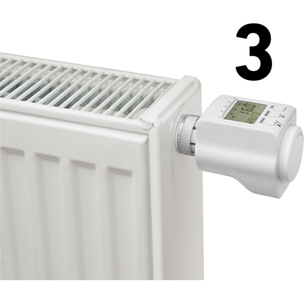 termosztát radiátorokhoz, elekrtonikus; programozható: 0-24 óra, illetve 7 nap, 2×1,5V AA elemmel működik