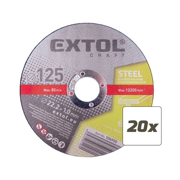 vágókorong 20 db, acélhoz; 125×1×22,2mm, max 12200 ford/perc, fémdobozban