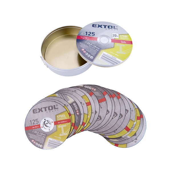 vágókorong 20 db, acélhoz; 125×1×22,2mm, max 12200 ford/perc, fémdobozban