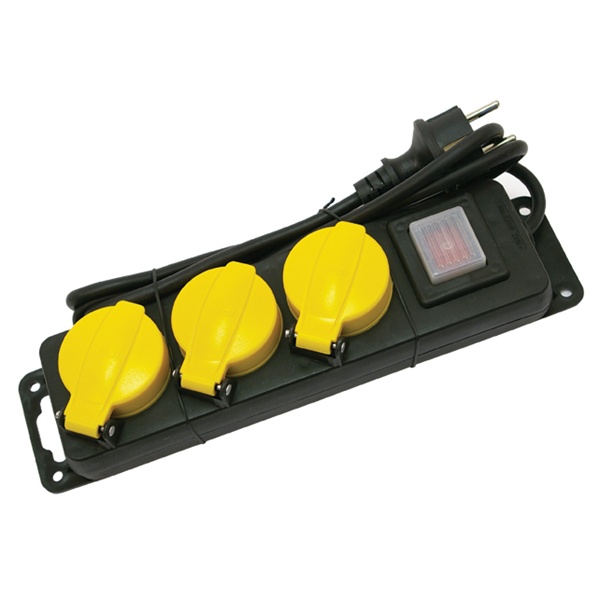 villamos elosztó/hosszabbító, kapcsolóval, kültéri IP44, 3 aljzat, 1,5m gumi kábel, földelt, 250V/16A; max:3500W,