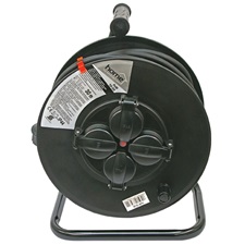 villamos hosszabbító, dobra tekerve, 30m gumikábel, 4 db aljzat, IP44, 250V; max: 3000W/1000W, (1,5mm2)