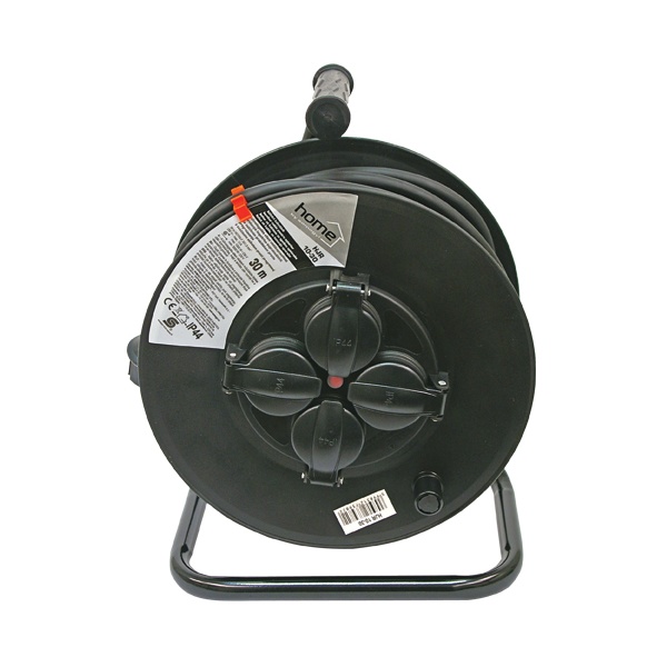villamos hosszabbító, dobra tekerve, 30m gumikábel, 4 db aljzat, IP44, 250V; max: 3000W/1000W, (1,5mm2)