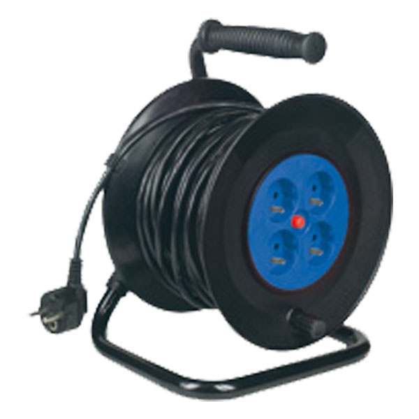 villamos hosszabbító, dobra tekerve, 25m kábel, 4 db aljzat, 250V-10A; (1,0mm2)