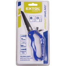 zsebkés, ALU karabiner markolat, rozsdamentes késpenge, teljes-/pengehossz: 180/75 mm, lapos+PH csavarhúzó, sörnyitó