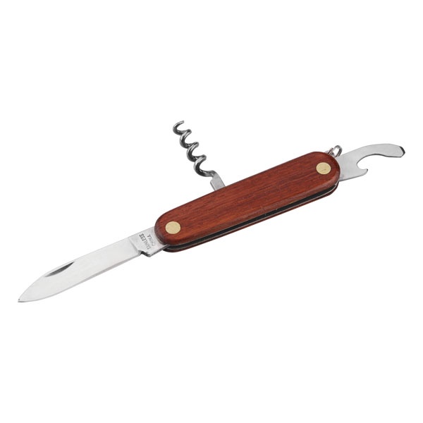 zsebkés, 3 funkcióval, fa nyéllel, sörnyitó, dugóhúzó, kihajtható rozsdamentes késpengével, teljes-/pengehossz: 145/85mm